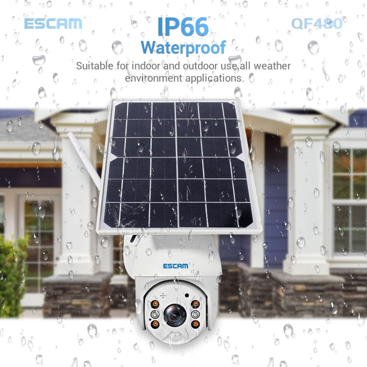 ESCAM QF480 EU Version HD 1080P IP66 Waterproof 4G Solar Panel PT IP Camera with Battery, Support Night Vision / Motion Detection / TF Card / Two Way Audio, with Battery(EU Version) ESCAM QF480 EU Version HD 1080P IP66 Waterproof 4G Solar Panel PT IP Camera with Battery, Support Night Vision / Motion Detection / TF Card / Two Way Audio, with Battery(EU Version)